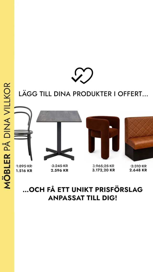 Ska ni inreda restaurang, hotell, kontor eller offentlig miljö?
Välj produkterna ni gillar, lägg dem i offertlistan och skicka in till Furnit. Vi återkommer med en offert anpassad efter ert projekt.